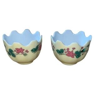 Vintage saki Asian flower bird design porcelain egg cups pair 2-1/"